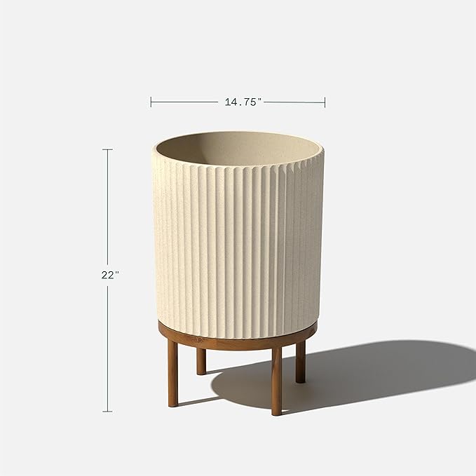 Veradek Demi Series Round Planter w/Stand for Porch/Patio | Durable Plastic-Stone Composite & Wooden Stand | Modern Décor for Tall Plants, Flowers