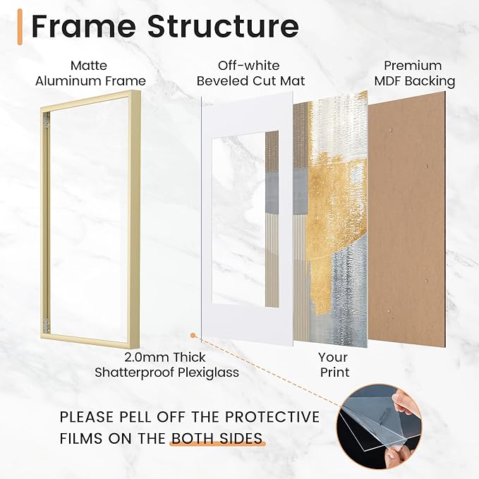 16x20 inch Metal Picture Frame - 16 x 20 Thin Aluminum Photo Frames with 11x14 Removable Mat - High Definition Plexiglass - Vertical and Horizontal Display - Wall Hook Hanging Hardware Included - Gold, Set of 4