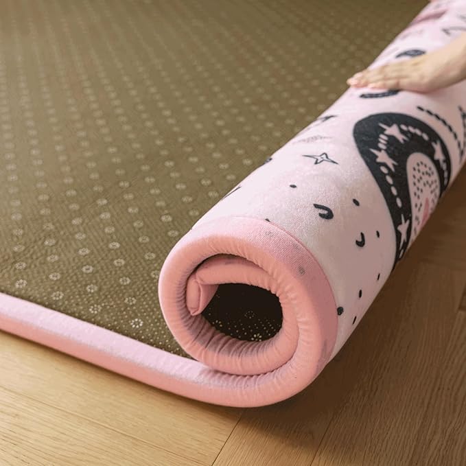 Loartee Rainbow Kids Play Mat - 78"x94" Soft Coral Velvet Memory Foam Tummy Time Rug, Pink