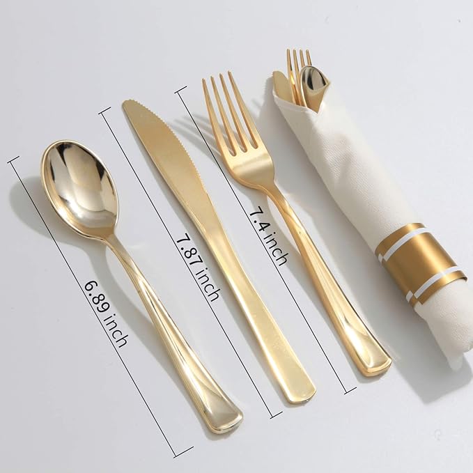 Supernal Pre Rolled Napkin with Gold Plastic Silverware Set of 30pack, Disposable Gold Silverware with Linen Napkin, Heavy Weight, Wrapped Plastic Silverware Suit for Wedding, Catering Event, Party