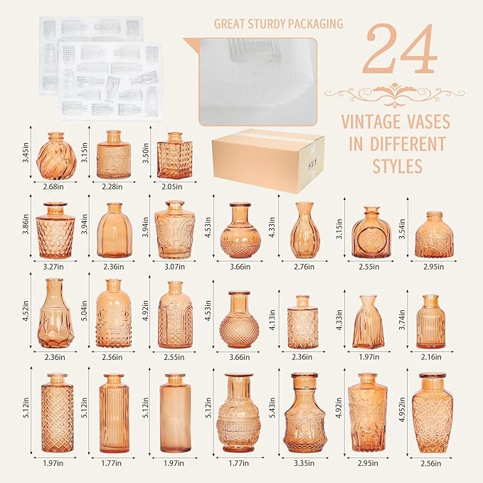 24pcs Mini Bud Vases As Wedding Centerpieces for Tables,Clear Bud Vases for Flowers,Small Flower Vases Suitable for Birthday Party,Anniversary,Wedding Reception,Baby Shower (Amber