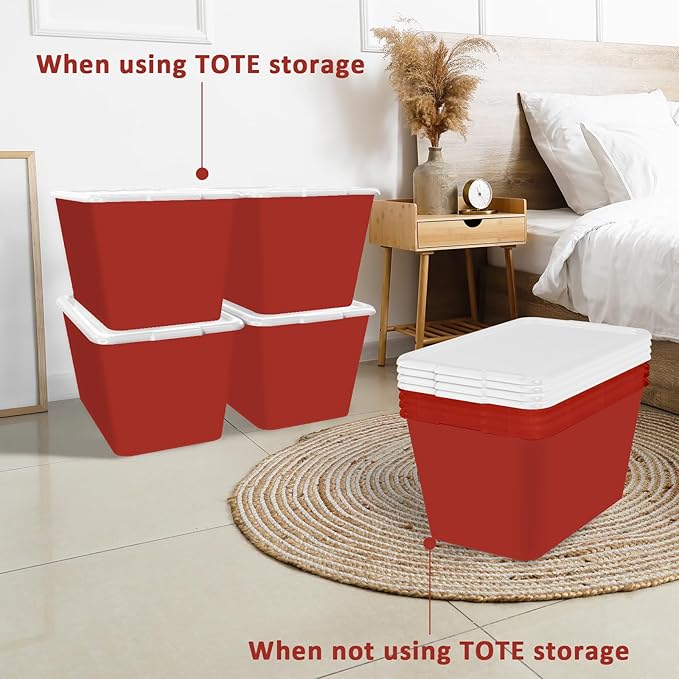 Storage Totes with Lids - Made in USA 14.5-Gallon (58-Quart) 4-Pack storage bins with lids plastic storage containers large storage boxes for Organizer White/Red
