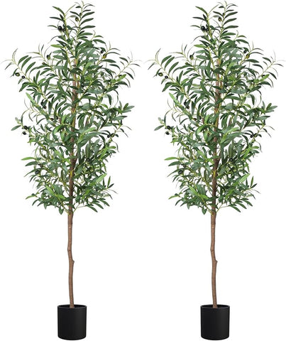 Fake Olive Tree, 5FT 2Pack Tall Plants Olive Trees 60in Silk Plant with Trunk and Realistic 536 Leaves and 20 Fruits for Modern Office Home Decor Indoor