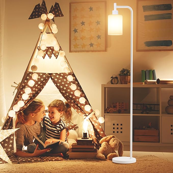 Floor Lamps for Living Room - Industrial Standing Lamp with Glass Shade, Modern White Floor Lamp with LED Bulbs, Farmhouse Floor Lamp for Bedroom, Tall Lamp for Office - White