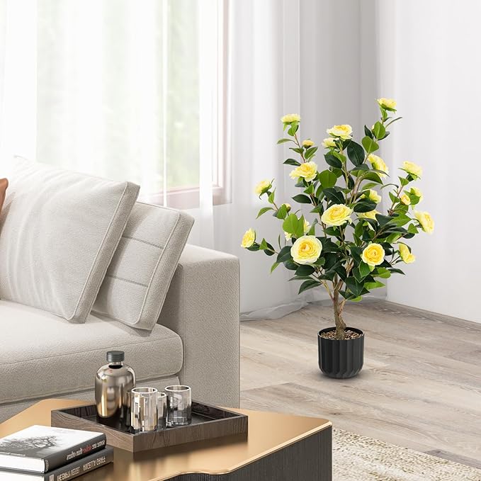 Goplus 38’’ Artificial Camellia Tree, 2 Pack Flower Plants Artificial Tree, Faux Floral Plant Blooming Tree in Cement Pot, Greenery Potted Plant for Indoor Outdoor Office Home Porch Decor
