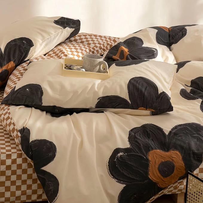 Luxlovery Floral Comforter Set California King Black and White Botanical Bedding Comforter Set Full Cute Chic Sunflower Pattern Blanket Quilts Women Girls 3 Piece Floral Bedding Set for Cal King Bed