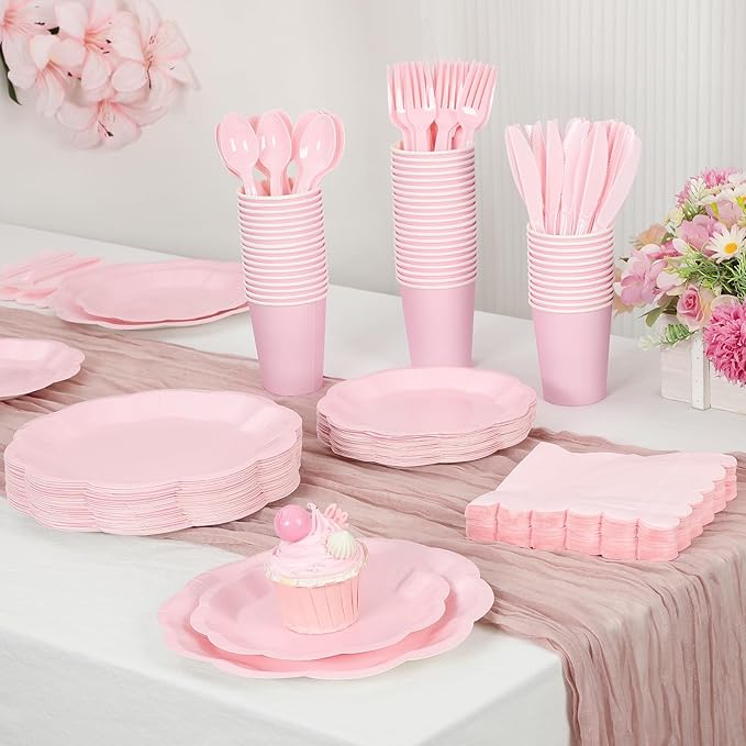 350 Pcs Light Pink Party Supplies Include Scalloped Plate Napkin Cup Forks Knives, Plastic Cutlery 50 Guest Disposable Party Tableware Set for Wedding Baby Shower Bridal Shower Birthday Parties