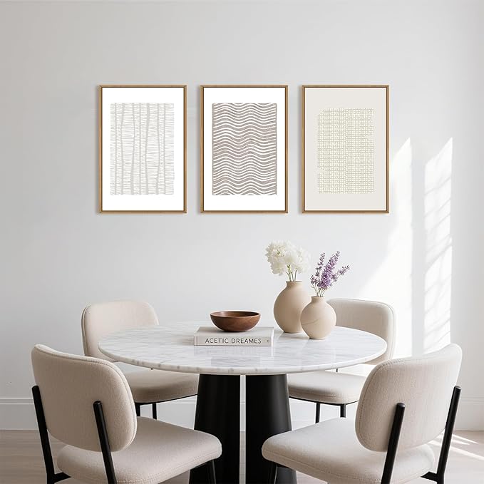 Large Abstract White and Beige Framed Canvas Wall Art,Geometric Dot and Line Wall Decor,Modern Wave Lines Artwork,Neutral Minimalist Shapes Art Print for Living Room,Bedroom,Office-24 x36 x3