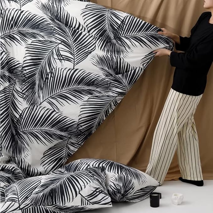 Pureant Boho Black Botanical Bedding Set - Full Comforter, Feather Quilts, Rustic Palm Leaves, Tropical Bohemian Black Floral Pattern