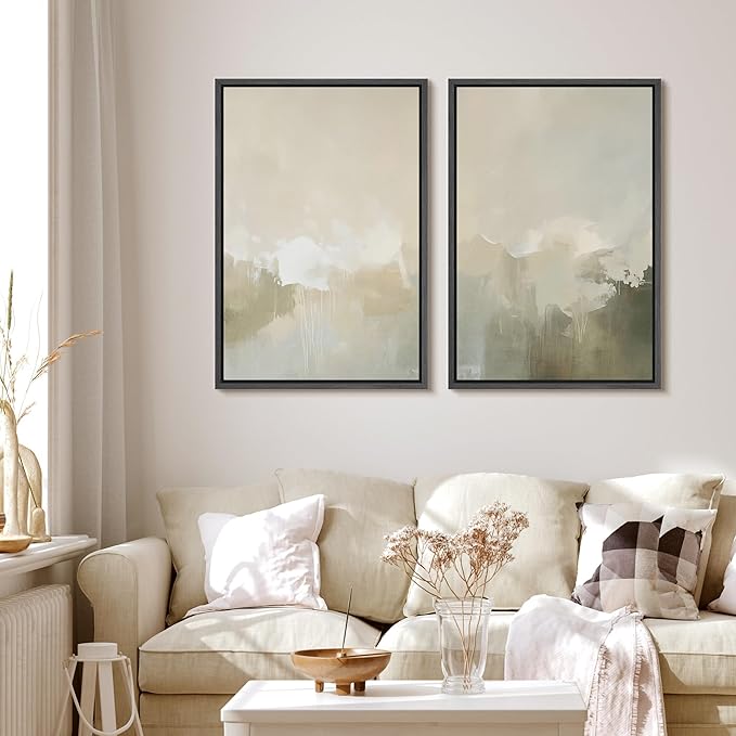 MUDECOR Framed Canvas Print Wall Art Set Neutral Misty Abstract Landscape Beige and Oliv Illustrations Modern Art Decorative Bohemian Calm/Zen for Living Room, Bedroom, Office - 16"x24"x2 BLACK