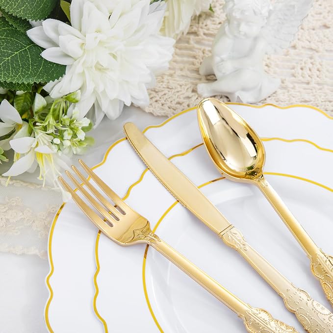 Liacere 350PCS Gold Plastic Plates-Disposable White and Gold Plates 50guest Baroque Plastic Dinnerware include 100Plates, 50Pack Pre Rolled Napkins with Silverware 50Cups for Wedding&Fall Decor