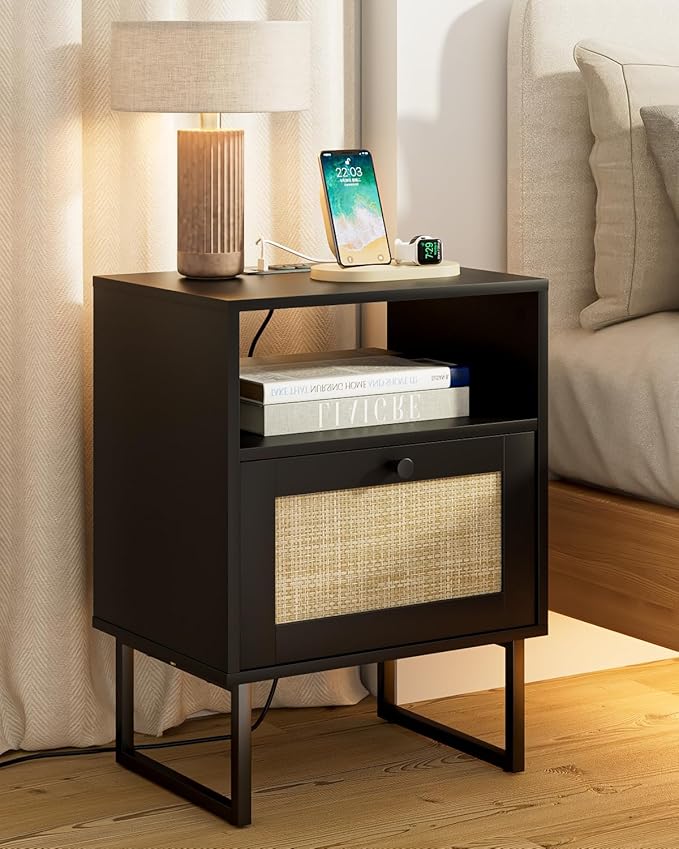 Rattan Nightstand with Charging Station, Mid Century Modern Night Stand,Boho Farmhouse Wood Bedside Table with Storage and Open Shelf, End Side Accent Table for Bedroom,Living Room,Black