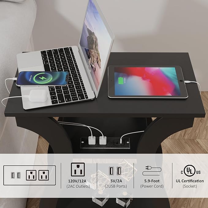 End Table with Charging Station, Side Table with USB Ports and Outlets, Nightstand, 3 Tier End Table with Storage Shelf for Living Room, Bedroom (Black)