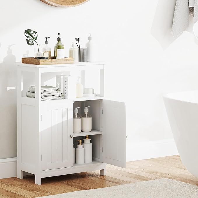 GOFLAME Bathroom Cabinet, Floor Storage Organizer with 2 Doors, 2 Open Shelves, 3-Level Adjustable Shelf, Modern Storage Unit for Laundry Room, Entryway, Living Room, White