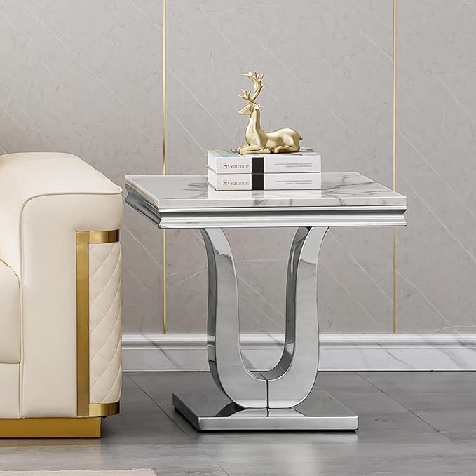 SSLine Modern White Faux Marble End Table Luxury Square Sofa Side Table with Silver Pedestal Base Mid-Century Elegant Bedside Table w/Mirrored Stainless Steel Frame for Living Room Bedroom