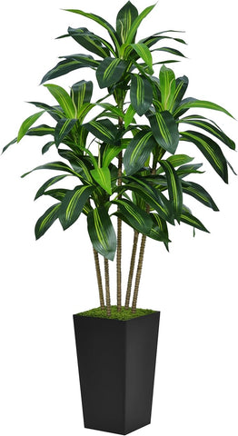 Artificial Dracaena Tree 5FT - Faux Tree with Black Tall Planter - Fake Tropical Yucca Floor Plant Potted - Artificial Silk Tree for Home Office Living Room Decor Indoor