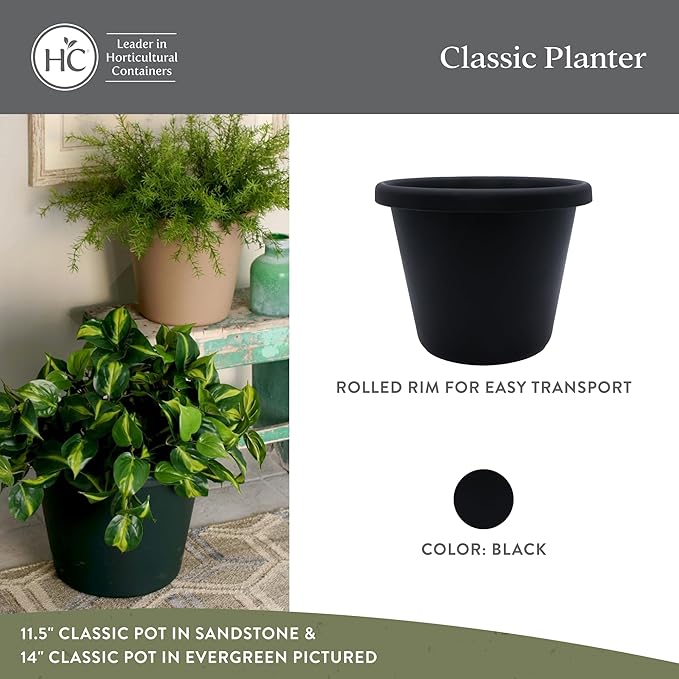 The HC Companies Classic Round Plastic Plant Pot w/Rolled Rim - Lightweight & UV Resistant Flower Pot for Herbs & More - Outdoor & Indoor Plant Pots w/Drainage (14 inch Black, Pack of 1)