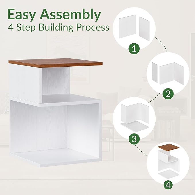 Tokyo S Flip Minimalist 3 Tier End Table - Minimalist 3-Tier Wood Nightstand for Small Spaces with Open Storage - Japanese-Inspired Bedside Table for Bedroom (Reverse, Walnut&White)