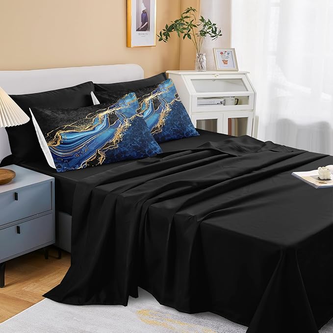 Black Gold Bedding Blue Marble Comforter Set 8 Pieces King Bed in a Bag with 1 Black and Blue Comforter, 1Flat Sheet, 1 Fitted Sheet, 4 Pillowcases, 1 Marble Cushion Cover