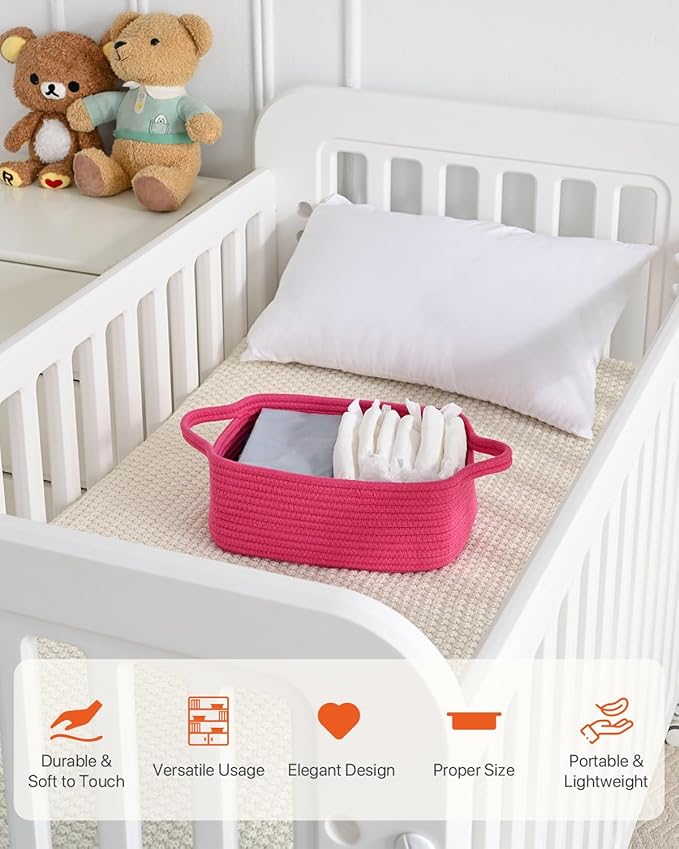 KALLAX Small Woven Basket, 12 x 8 x 4.5 Inches, Small Storage Baskets for Organizing, Gift Baskets Empty, Cute Rope Shelf Closet Storage Bins for Shelves, Dog Toy Basket, 3 Packs, Hot Pink