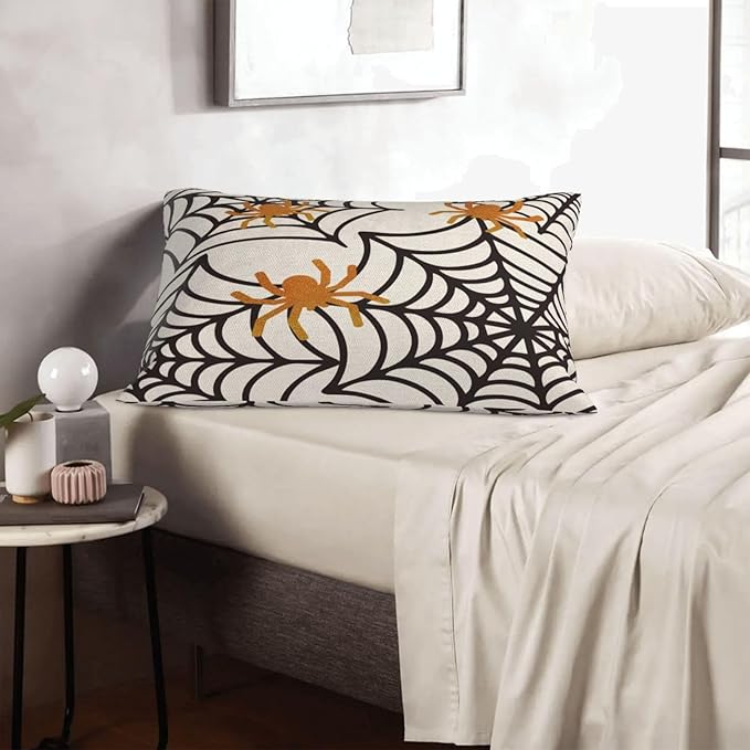 Black Spider Web Pillow Covers 12x20 inches Set of 2 Halloween Decorative Throw Pillow Covers Halloween Decor Spider Farmhouse Linen Cushion Case for Home Sofa Couch Outdoor Decoration