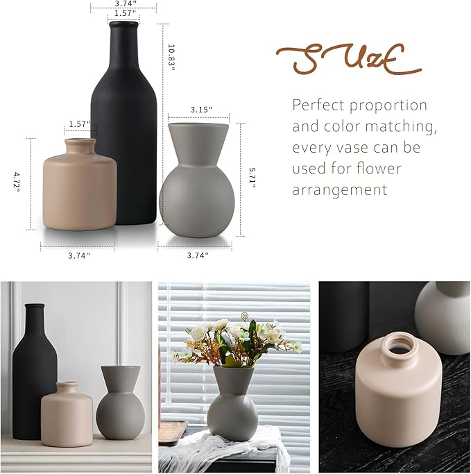 Ceramic Flower Vase Without Dried Fake Flowers, Centerpiece vases for Table, Modern Vases for Home Decor- 3 Pcs