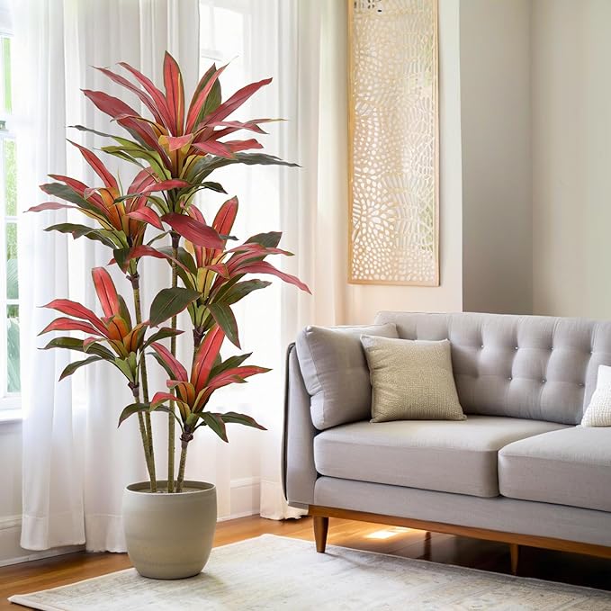 Artificial Dracaena Tree 5ft(60in) Tall Large Faux Silk Plants with Realistic Trunks and Red Leaves, Fake Floor Potted Artificial Plants for Home Office Indoor Decor (5feet,1Pack)