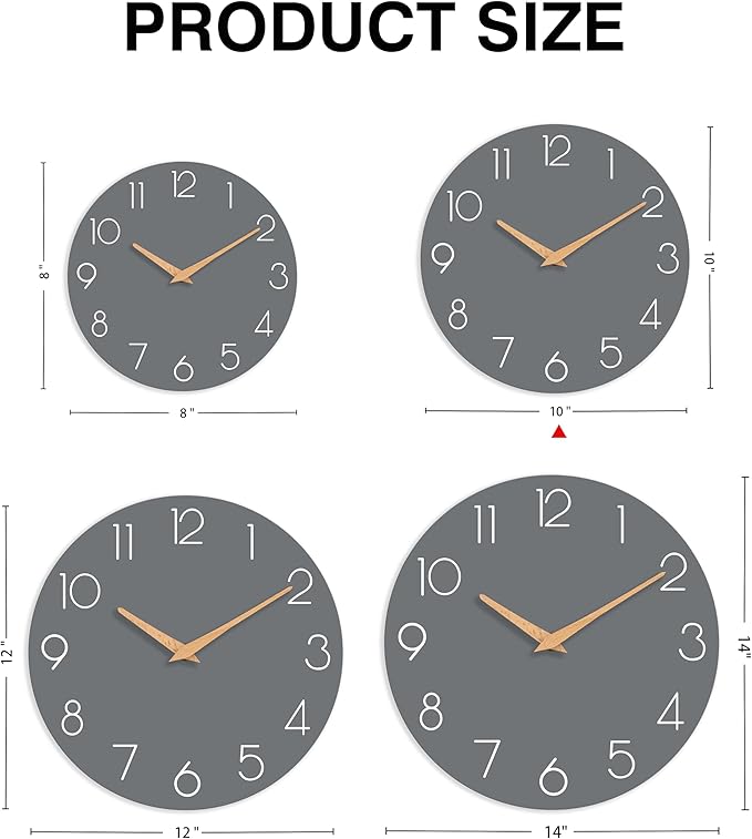 Wall Clock, 10 Inch Wooden Silent Non-Ticking, Decorative Battery Operated Wall Clocks for Bedroom, Kitchen, Home, Living Room, Office, School, Hotel (Gray)