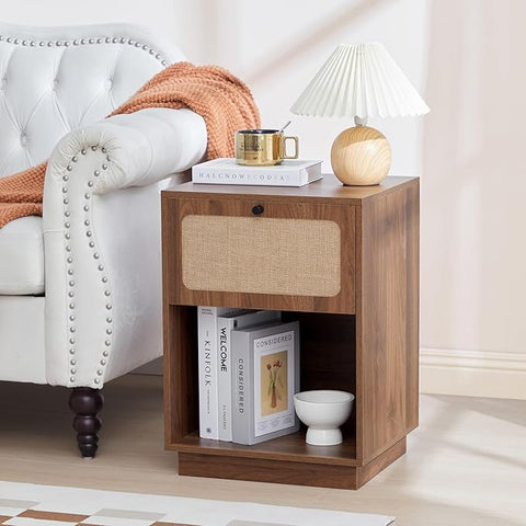 AVZEAR Mid Century Night Stand with Drawer, Farmhouse End Table with Storage & Curved Linen Panel, Modern Nightstands Bedside Table Small Side Tables for Small Space, Bedroom(Walnut)