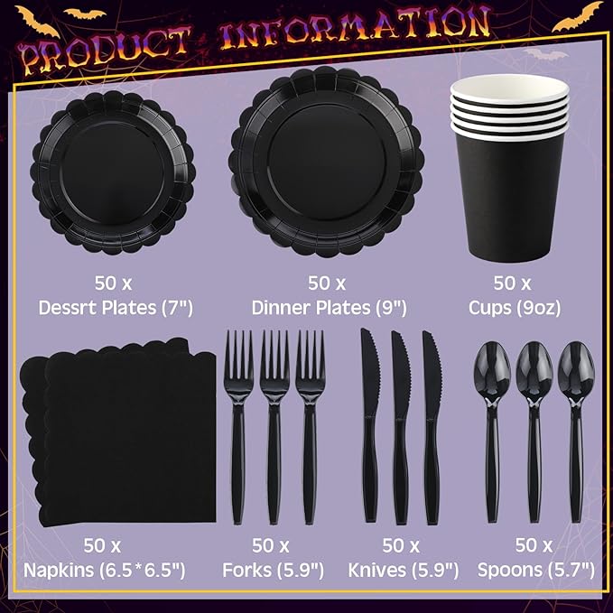 350 Pcs Black Plates and Napkins, 50 Guest Halloween Party Supplies Include Scalloped Paper Plate Napkin Cups Plastic Spoons Forks Knives Disposable Tableware Set for Halloween Day of the Dead