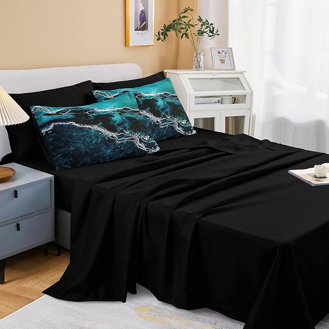 Black Marble Comforter Set 8 Pcs Turquoise Blue Bedding Set Queen Size Bed in A Bag Blue and Black Stone Texture Abstract Room Decor Black Marble Bed Comforter