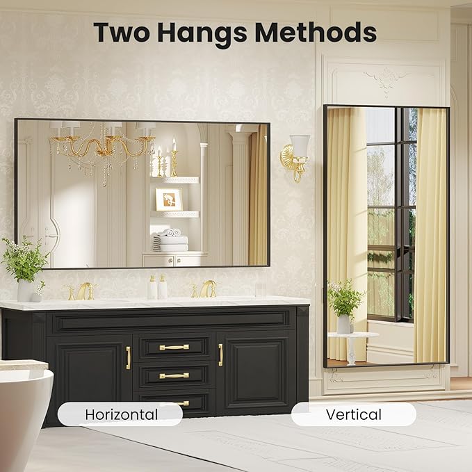 LOAAO Black Bathroom Mirror 50"X30" for Wall, Rectangle Bathroom Vanity Mirror, Tempered Glass, Hangs Vertically or Horizontally, Easy to Install, Modern Design