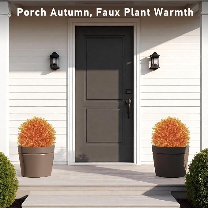 24" Fall Cedar Topiary Trees Artificial Outdoor, Set of 2 Faux Bushes and Shrubs with Ground Spike, UV Resistant Realistic Large Fake Ball Plants for Front Porch Outside Planters Backyard Decor