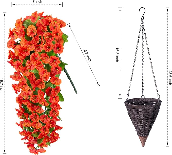 Artificial Fake Fall Hanging Flowers Plants with Basket for Outdoor Decor, Faux Silk Realistic Morning Glory Floral Arrangement Planter UV Resistant for Outside Porch Patio Balcony Garden (Orange)