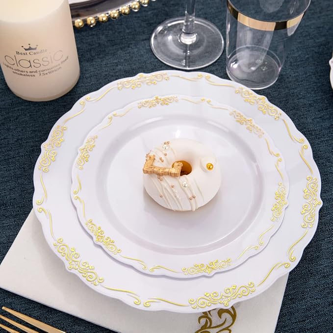 supernal 800pcs Gold Plastic Dinnerware Set,100pcs 10.25" Dinner Plates,100pcs 7.5" Dessert Plates,400 Gold Plastic Silverware,100 Cups,100 Napkins,100 Guest Tableware set
