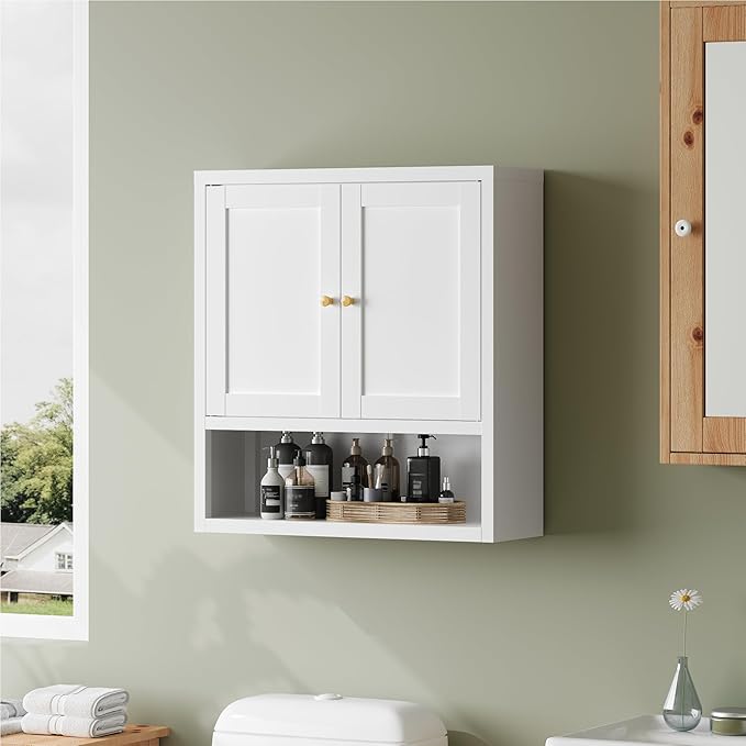 Metal Bathroom Storage Cabinet, Metal Storage Cabinet with 2 Adjustable Shelves & 2 Doors,Freestanding Sideboard for Small Spaces (White, Wall Cabinet-22.59" H)