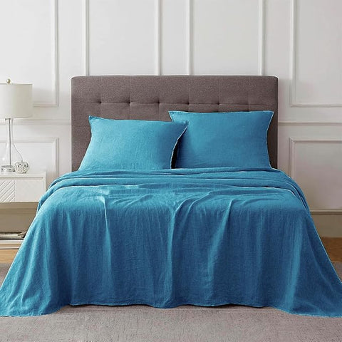 Talasily Linen Sheets-Queen Size Sheets Set,Blend from Linen Cotton Bedsheets,All Seasons Soft Breathable 4 Piece Set-Blue