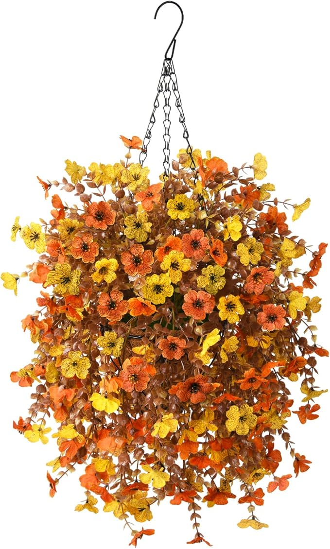 Artificial Fsll Faux Hanging Flowers Plants Basket for Outdoor Decoration,Fake Silk Orange Mums planters UV Resistant Look Real for Home Porch Patio Yard Outside Autumn Decor (Yellow Orange)