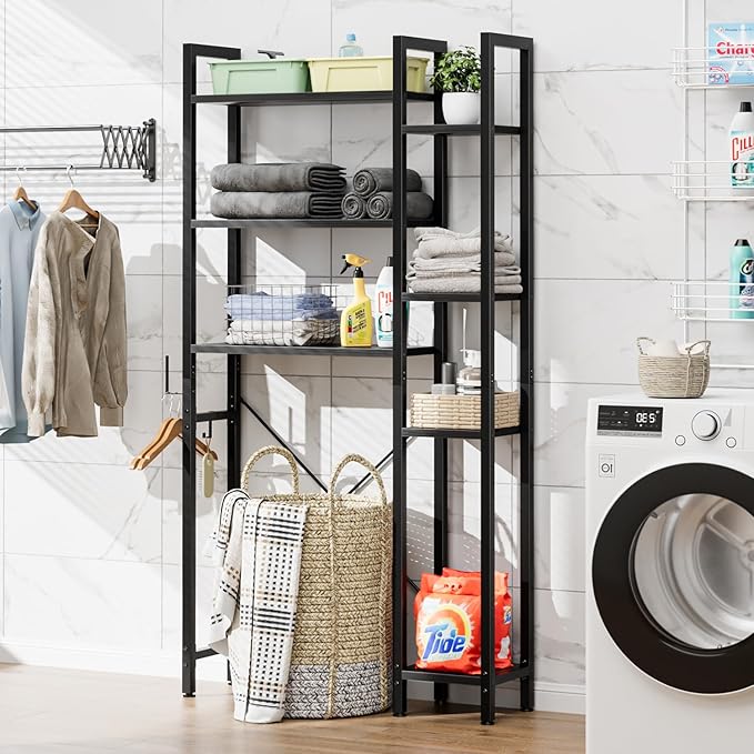 OTK Over The Toilet Storage with 7-Tier Bathroom Organizer Shelf, Freestanding Space Saver with Hooks & Adjustable Feet, Storage Rack for Bathroom, Restroom, Laundry, Black