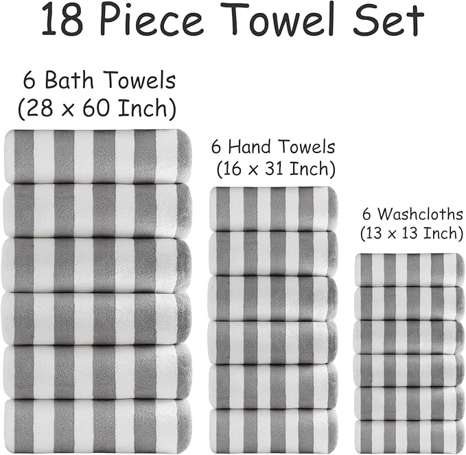 Oliven 18 Pcs Coffee Cabana Stripe Family Towels Set-6 Bath Sheets,6 Hand Towels,6 Washcloths Soft Jumbo Bathroom Towels Absorbent Shower Towel Quick Dry Beach Chair Towel Spa Gym Hotel Towel Set