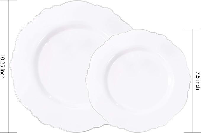 WDF 60pcs Silver Plastic Plates-Baroque White &Silver Plates for Upscale Parties &Wedding-including 30Plastic Dinner Plate 10.25inch, 30 Salad Plate 7.5inch