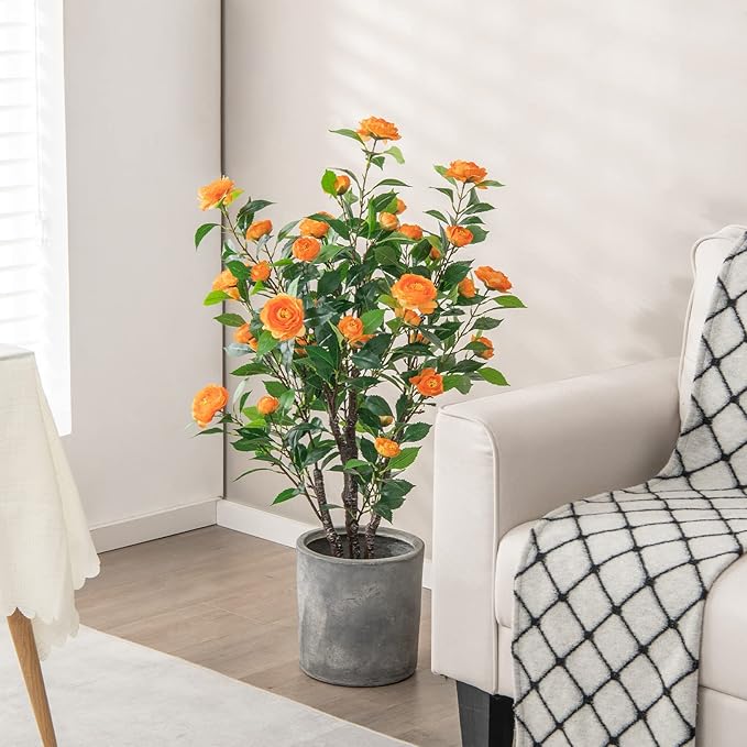 Goplus 40” Artificial Camellia Tree, 2 Pack Flower Plants Artificial Tree, Faux Floral Plant Blooming Tree in Cement Pot, Greenery Potted Plant for Indoor Outdoor Office Home Porch Decor