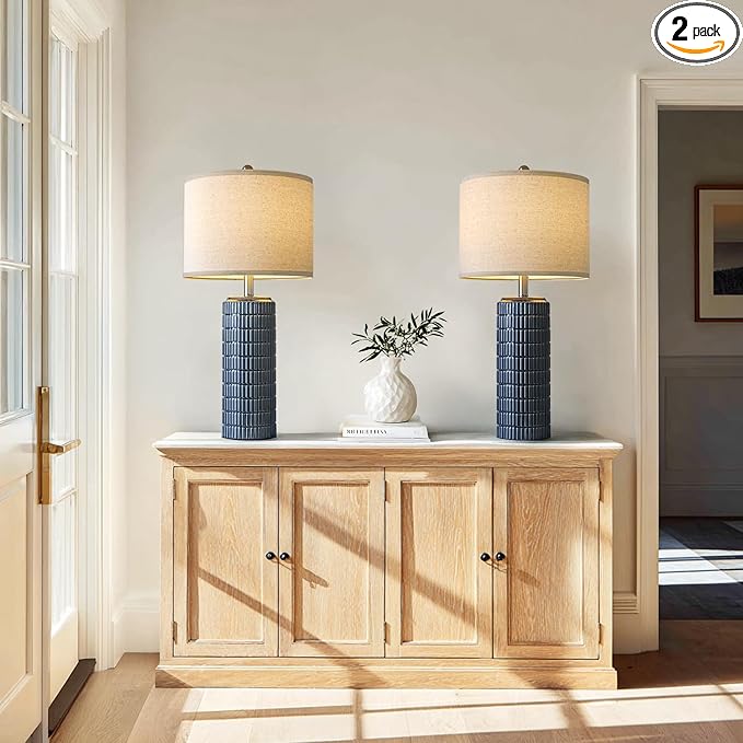 PoKat 27.5'' Tall Table Lamps for Living Room Set of 2, Ceramic Bedroom Lamps for Night Stands, Modern Bedside Lamps for Bedroom Living Room, Nightstand Lamps for Side End Table Hallway, Blue
