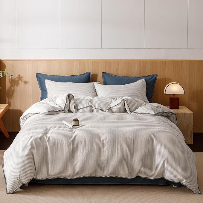 VM VOUGEMARKET Beige Grey Duvet Cover Set with Blue Stripes 3pcs Yarn Dyed Muslin Cotton Vertical Striped Ticking Pattern Bedding Set Without Comforter - Queen Size