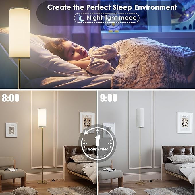Floor Lamp for Living Room, Modern Standing lamp with Remote Control, Stepless Dimmable 9W Bulb & Beige Lampshade Included, Gold Pole Tall Floor Lamp for Bedroom Office