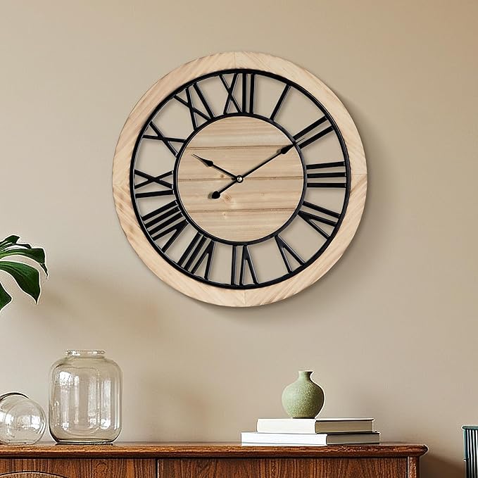 Maxstar 16'' Wall Clock for Living Room Decor, Ultra-Silent Rustic Wooden Farmhouse Wall Clock with Metal & Real Wood Frame, Battery Operated, for Kitchen Bedroom Office, Roman Numerals