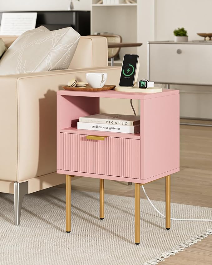 Nightstand,Morden Bedside Table with Gold Frame,Small White Night Stand,End Table,Bedside Furniture,Side Table with Drawer and Shelf for Bedroom,Living Room (1Drawer, Pink-Outlet)