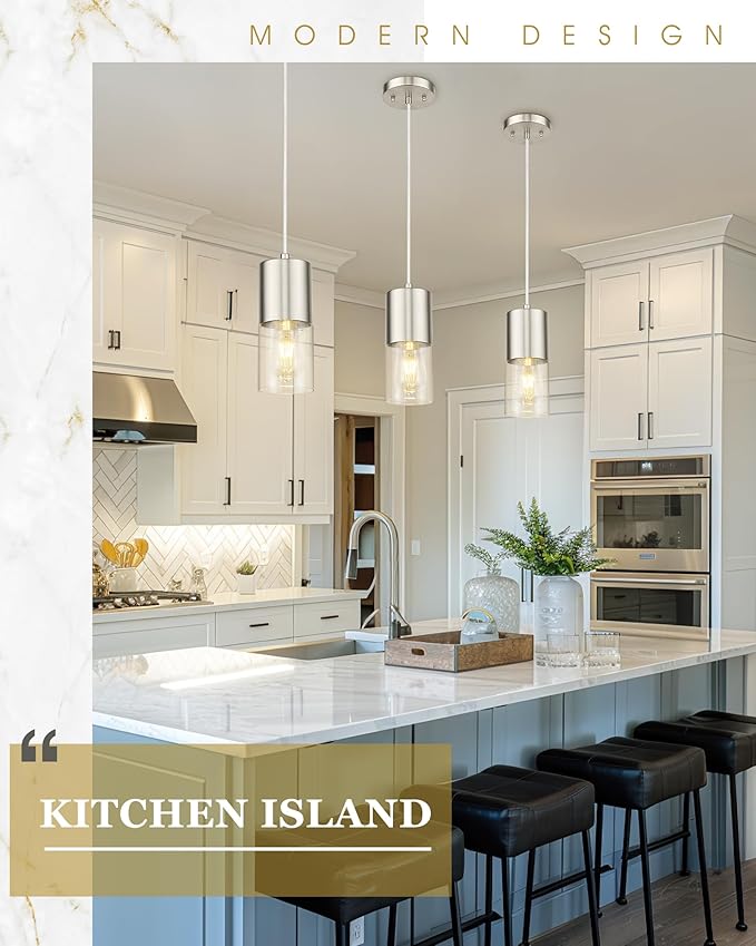 Pendant Lights Kitchen Island, Brushed Nickel Hanging Lights Fixtures with Cylinder Clear Glass, Modern Kitchen Pendant Lighting Over Island for Dining Room, AD-24023-1P-SN