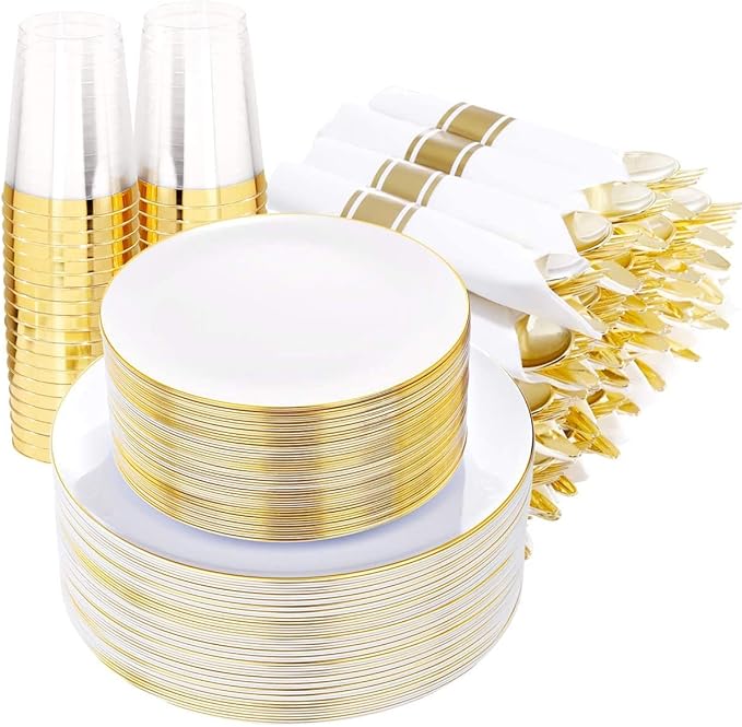 Supernal 350pcs Gold Disposable Dinnerware Set,Pre Rolled Plastic Silverware,Include 50 Gold Plates and 50 Dessert Plates, 50 Silverware with Paper Napkins,50 Disposable Cups