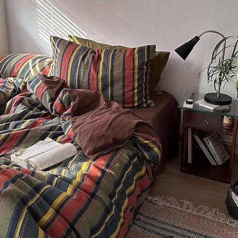VM VOUGEMARKET Red Green Stripes Duvet Cover Twin XL Boho Farmhouse Style Washed Cotton Multi-Color Striped Bedding Set for Teens 1 Duvet Cover with 2 Pillowcases